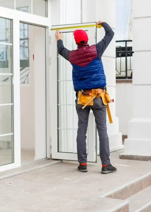 Técnico ajustando puerta de PVC