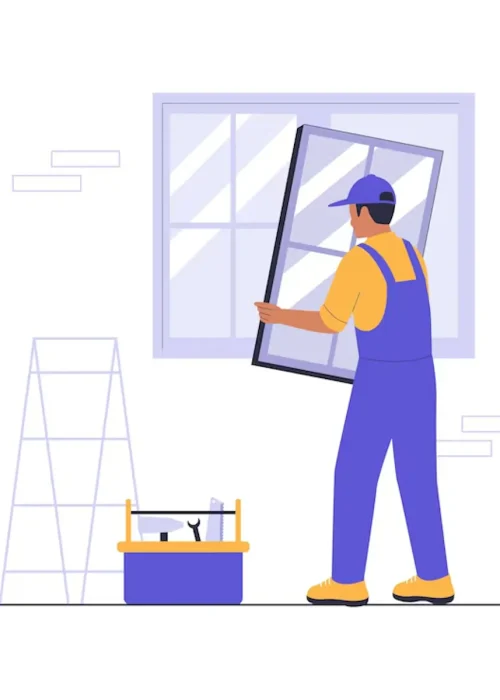 Técnico reparando una ventana de PVC